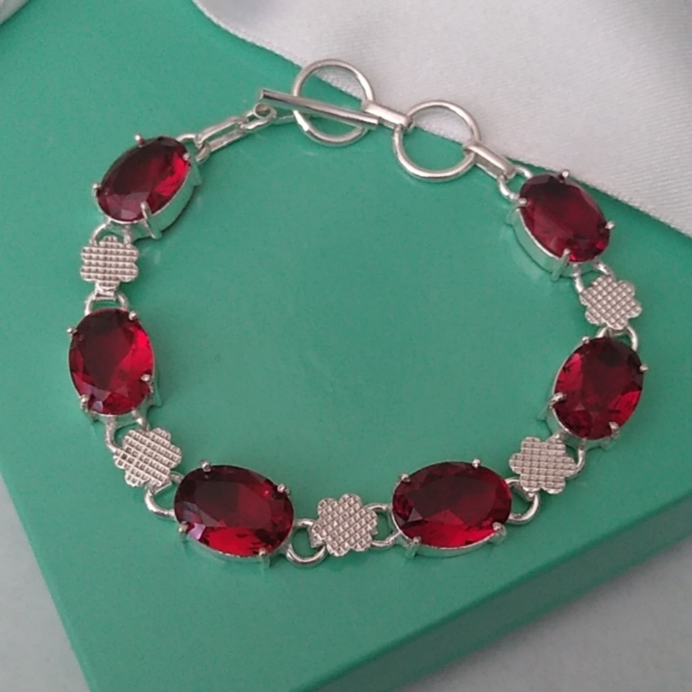 Red Garnet + Sterling Silver Chain Toggle Bracelet, up to 8" - Picture 3 of 7